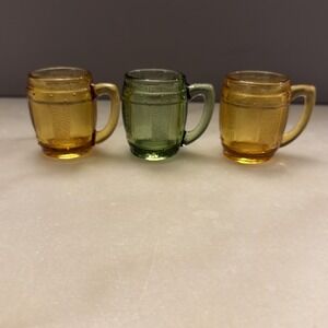 Lot of 3 Vintage Glass Whiskey Barrel Shot Glasses with Handle Miniature Mug